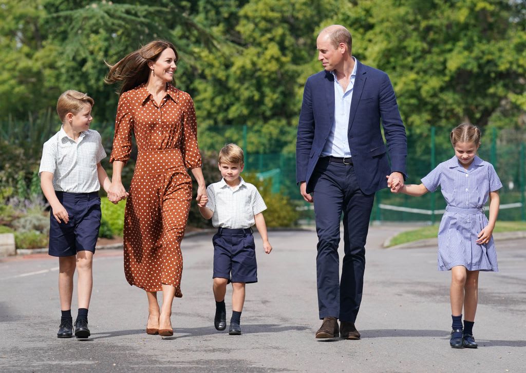 Prince George, Princess Charlotte and Prince Louis returning to Lambrook School last year, accompanied by the Prince and Princess of Wales