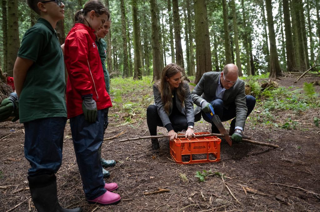 Prince William and Princess Kate sawing wood with three children nearby