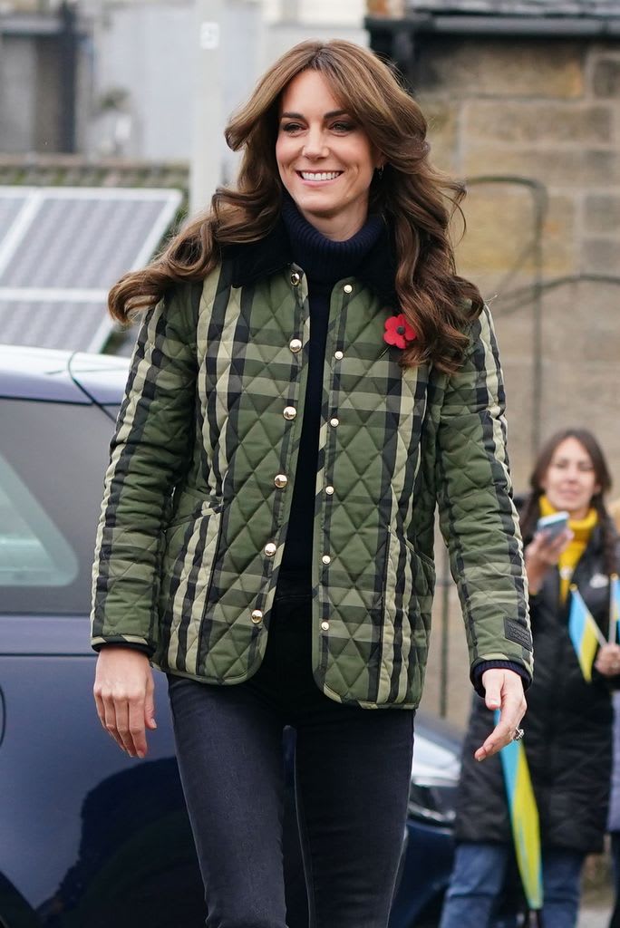 Kate Middleton wearing tartan Burberry coat in Moray, Scotland