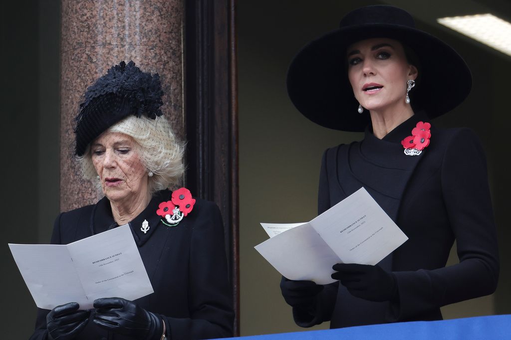 Queen Camilla and Kate Middleton singing on balcony at Remembrance Sunday