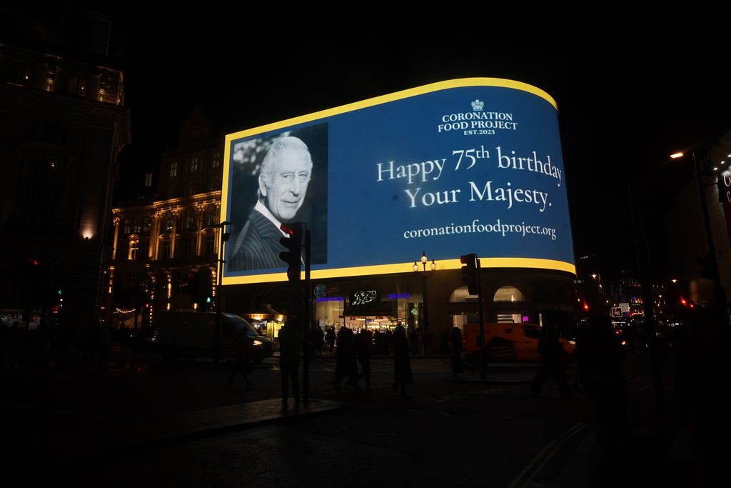 King Charles 75th birthday message on Piccadilly Lights