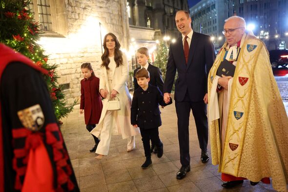 the prince and princess of wales and their three children arriving at the christmas carol service