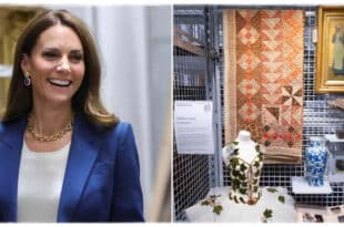 Princess Kate stands beside her curated “Makers and Creators” mini display at the V&A East Storehouse during her summer break visit