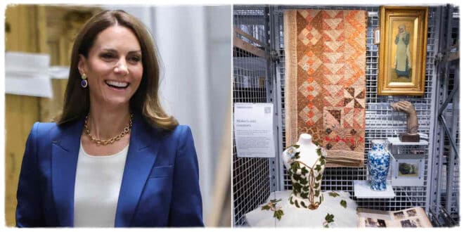 Princess Kate stands beside her curated “Makers and Creators” mini display at the V&A East Storehouse during her summer break visit