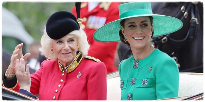 Princess Kate appearing composed, contrasting with Queen Camilla’s outgoing style