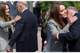 Princess Kate warmly hugging Jamie Lowther-Pinkerton, Prince George’s godfather, during her visit to Sudbury Silk Mills