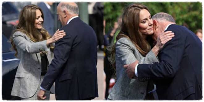 Princess Kate warmly hugging Jamie Lowther-Pinkerton, Prince George’s godfather, during her visit to Sudbury Silk Mills
