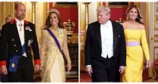 Princess Kate in a shimmering gold Phillipa Lepley state banquet gown inspired by Donald Trump’s taste