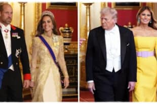 Princess Kate in a shimmering gold Phillipa Lepley state banquet gown inspired by Donald Trump’s taste