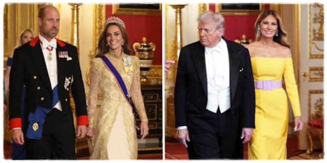 Princess Kate in a shimmering gold Phillipa Lepley state banquet gown inspired by Donald Trump’s taste