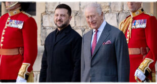 King Charles greeting President Volodymyr Zelenskyy at Buckingham Palace after returning from his royal visit abroad