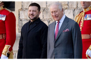 King Charles greeting President Volodymyr Zelenskyy at Buckingham Palace after returning from his royal visit abroad