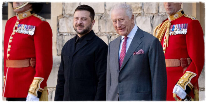 King Charles greeting President Volodymyr Zelenskyy at Buckingham Palace after returning from his royal visit abroad