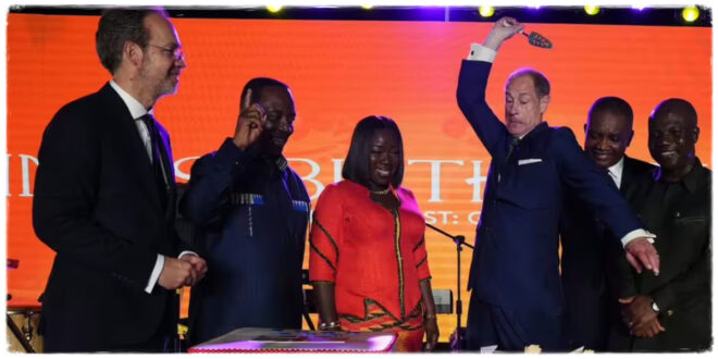 Prince Edward jokingly cutting a cake with unexpected intensity as fans laugh