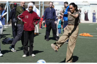 Meghan Markle playing football amid online comparisons to Princess Kate