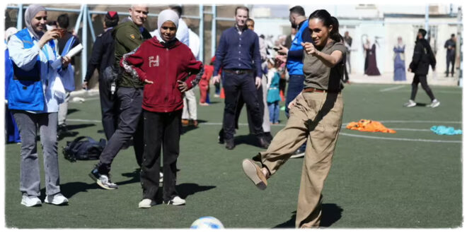 Meghan Markle playing football amid online comparisons to Princess Kate