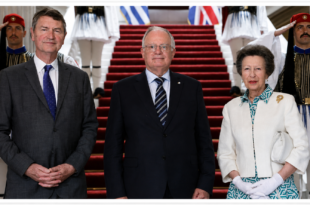 Princess Anne wearing a Greece-inspired outfit during the first day of an overseas royal trip