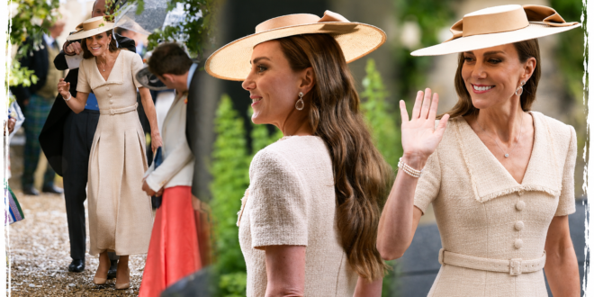 Princess Kate wearing a bold cream dress at Peter Phillips’ royal wedding
