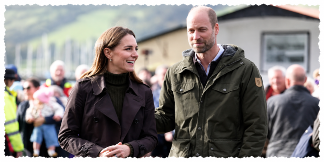 Prince William and Princess Kate taking part in a beach clean at Ettrick Bay during rainy weather on the Isle of Bute