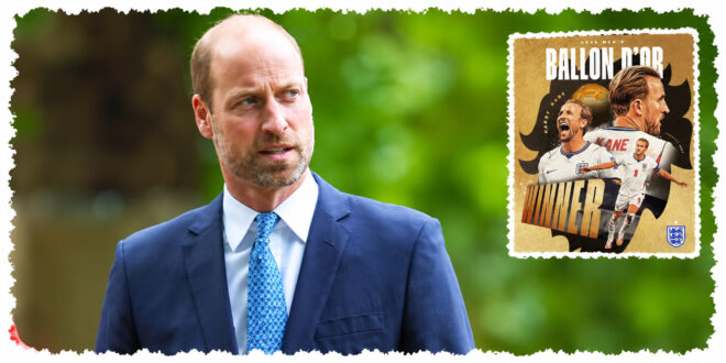 Prince William and England captain Harry Kane pictured together as the Prince of Wales congratulates the footballer on his 2026 Ballon d’Or victory
